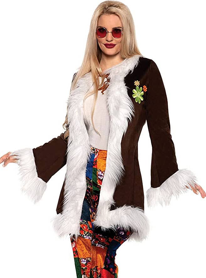 Image of Boho Womens Furry Brown 1970s Hippie Costume Jacket