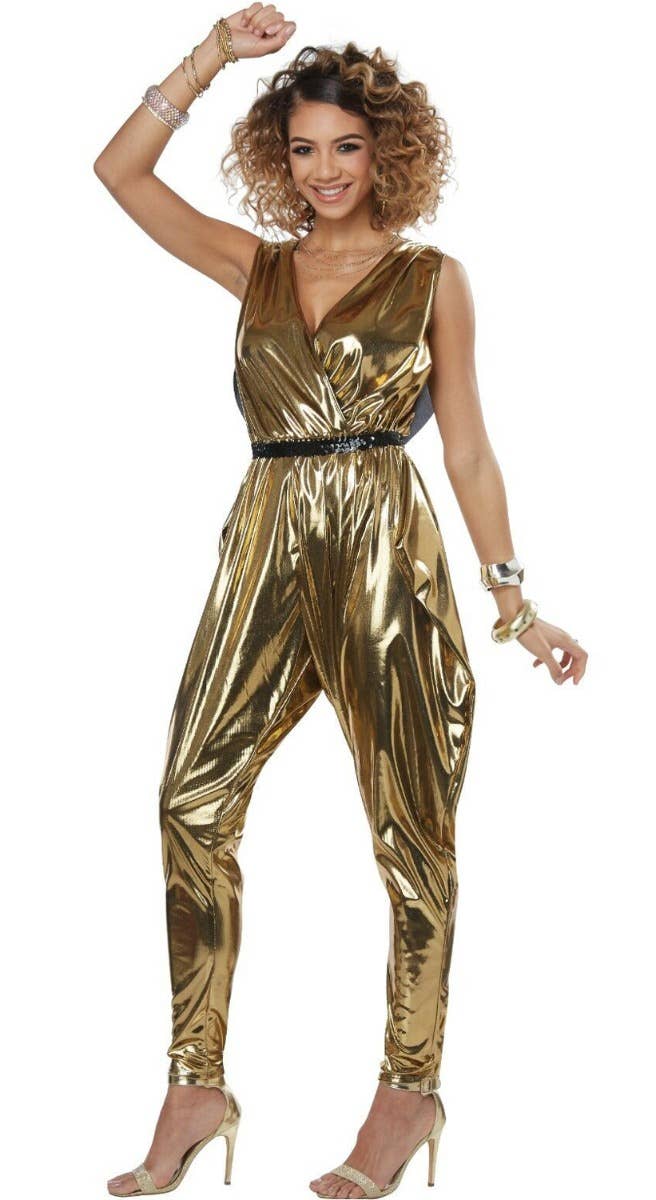 70s Disco Glitz and Glamour Women's Metallic Gold Jumpsuit Costume - Alternative Image