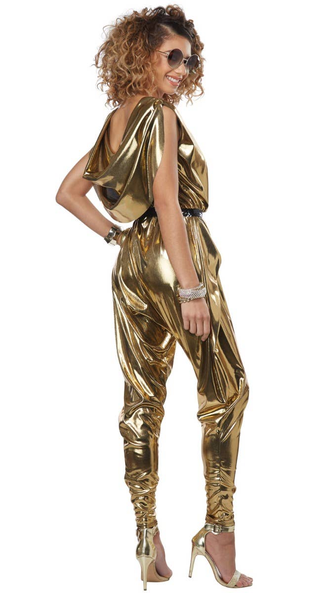 70s Disco Glitz and Glamour Women's Metallic Gold Jumpsuit Costume - Back Image