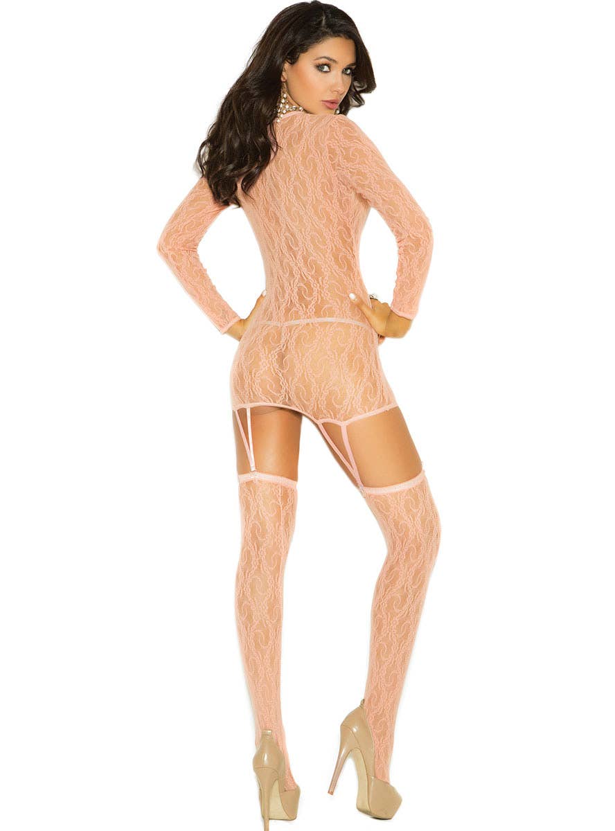 Image of Sheer Light Pink Lace Women's Dress and Stockings Set - Back View