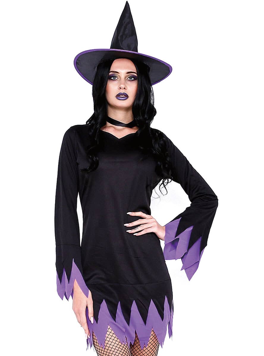 Black and Purple Classic Sexy Witch Halloween Costume for Women - Close Image