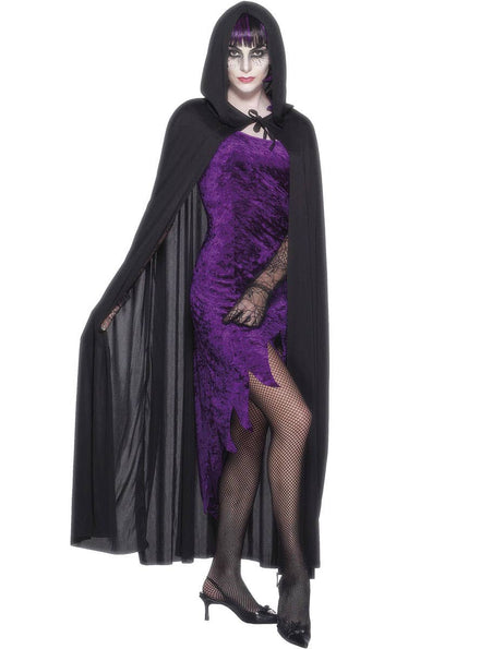 Image of Long Black Hooded Women's Halloween Costume Cape