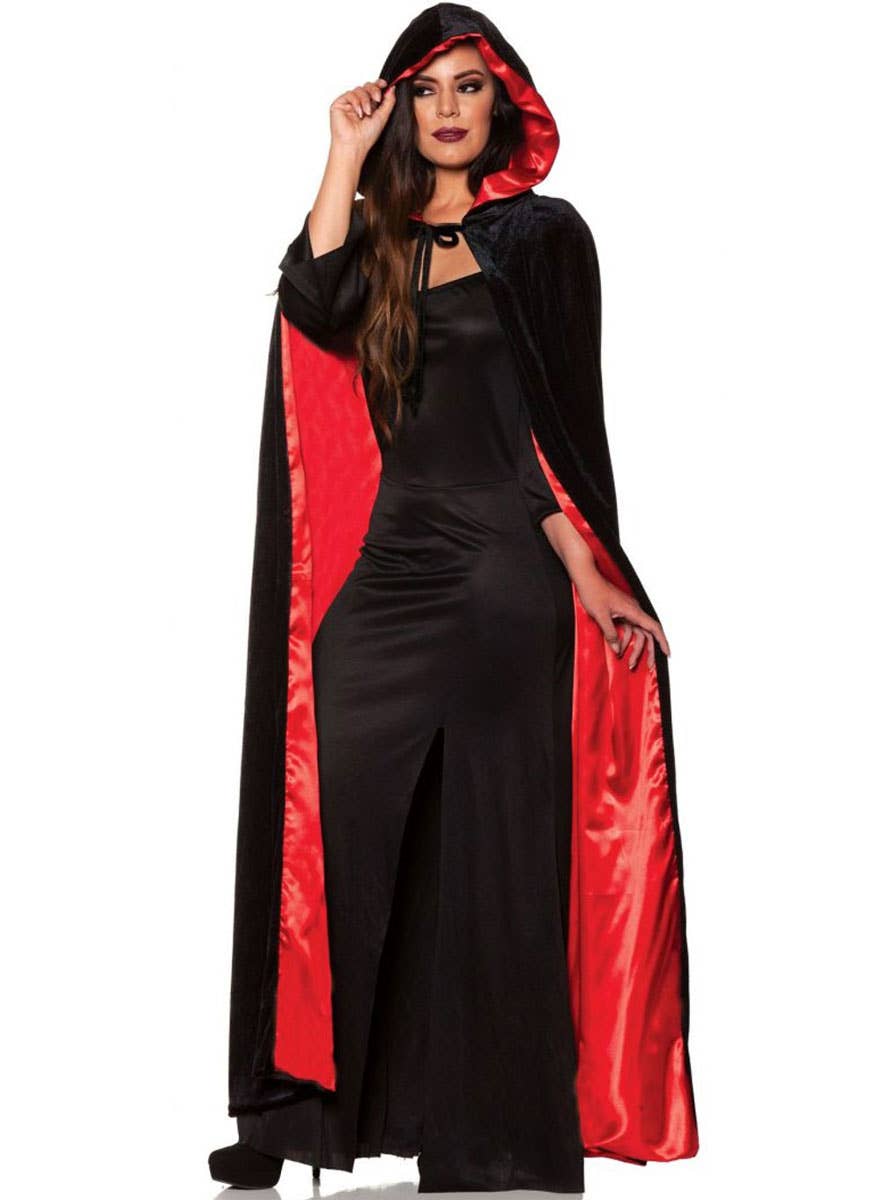 Image of Hooded Black and Red Satin Womens Costume Cape