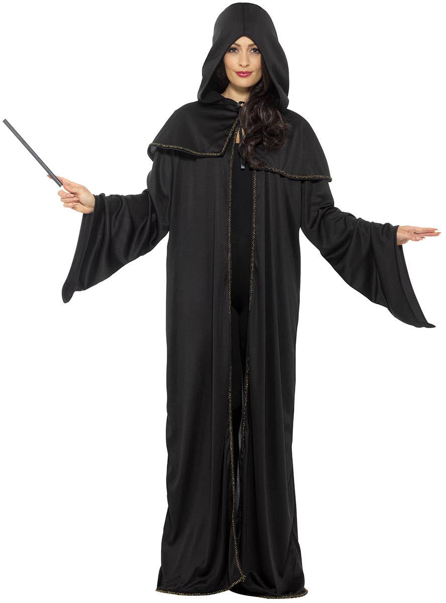 Image of Wizard Black and Gold  Women's Halloween Costume Cloak - Front Image