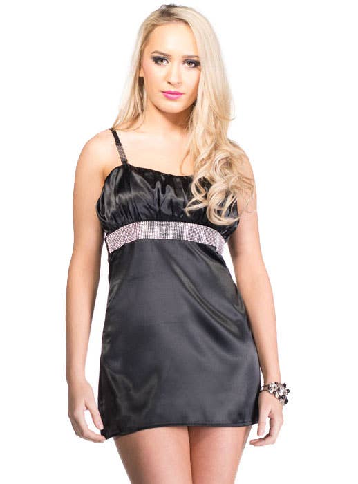 Image of Mini Black Satin Women's Sexy Costume Dress with Rhinestones - Close View