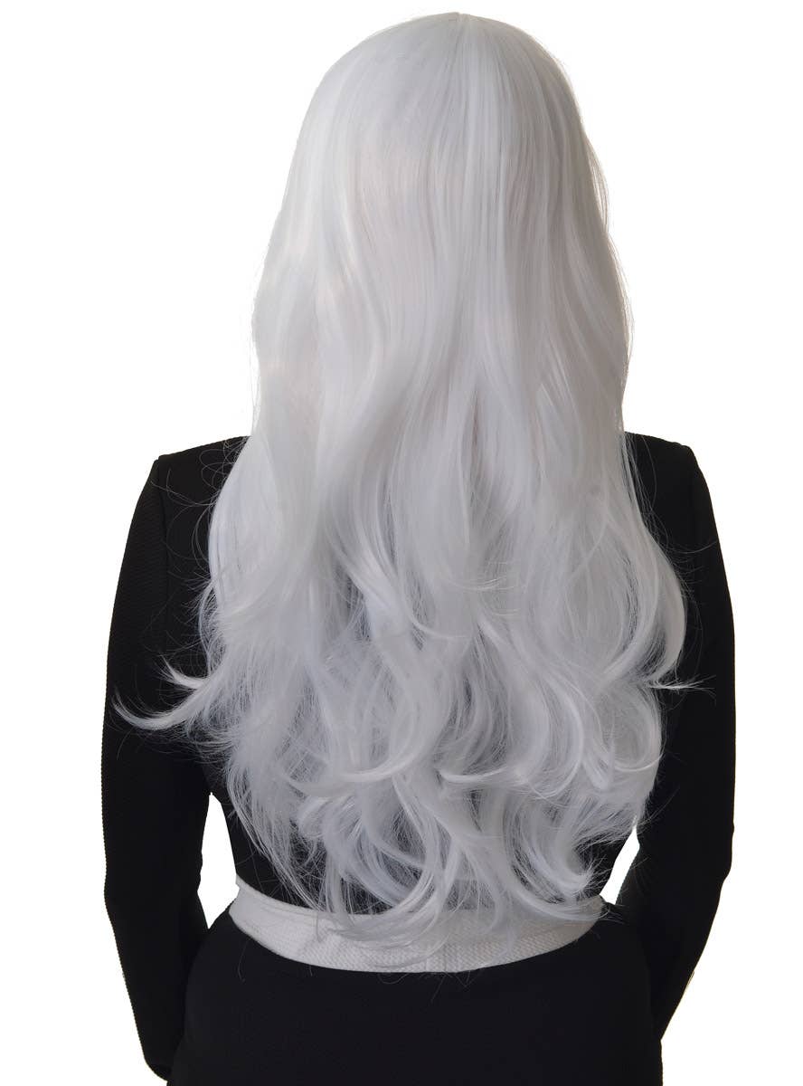 Image of Deluxe Long White Curly Women's Costume Wig with Side Fringe - Back View