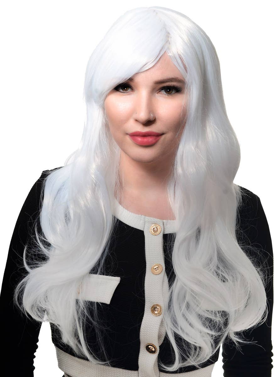 Image of Deluxe Long White Curly Women's Costume Wig with Side Fringe - Front View