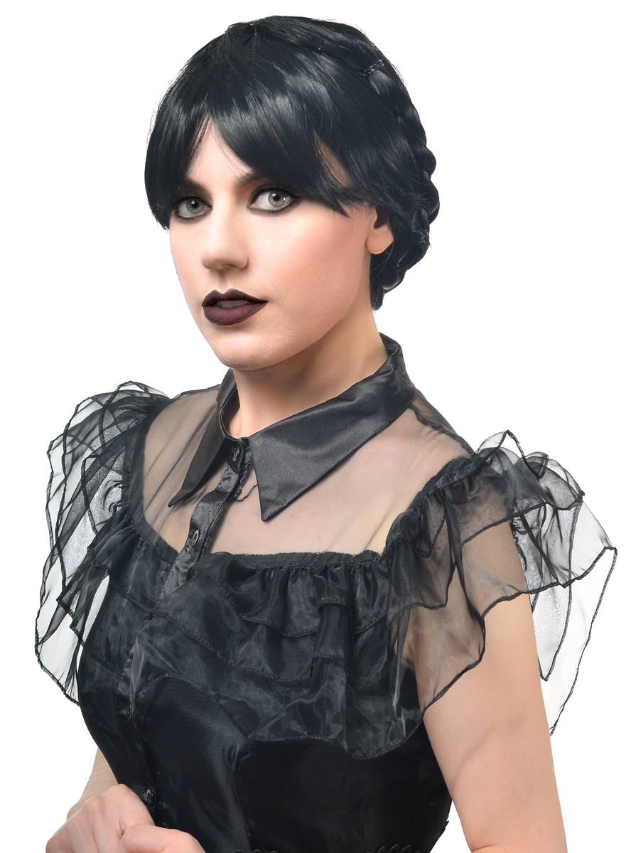 Image of Wednesday Black Braided Women's Halloween Wig with Bangs - Party Updo Image
