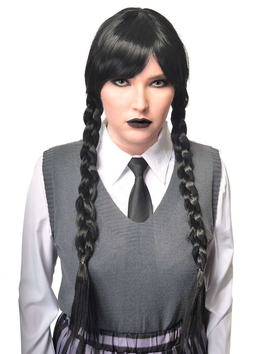 Image of Wednesday Black Braided Women's Halloween Wig with Bangs - Alternate Image