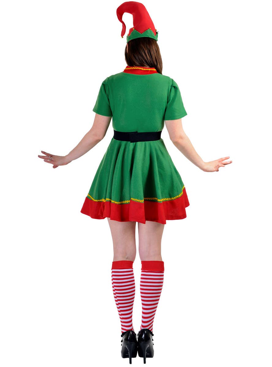 Image of Joyful Green Christmas Elf Women's Fancy Dress Costume - Back View