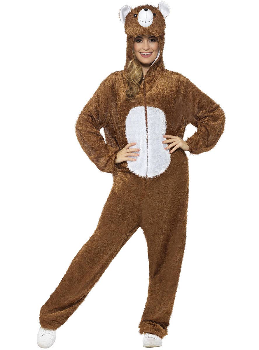 Image of Fuzzy Brown Bear Women's Onesie Costume - Front Image