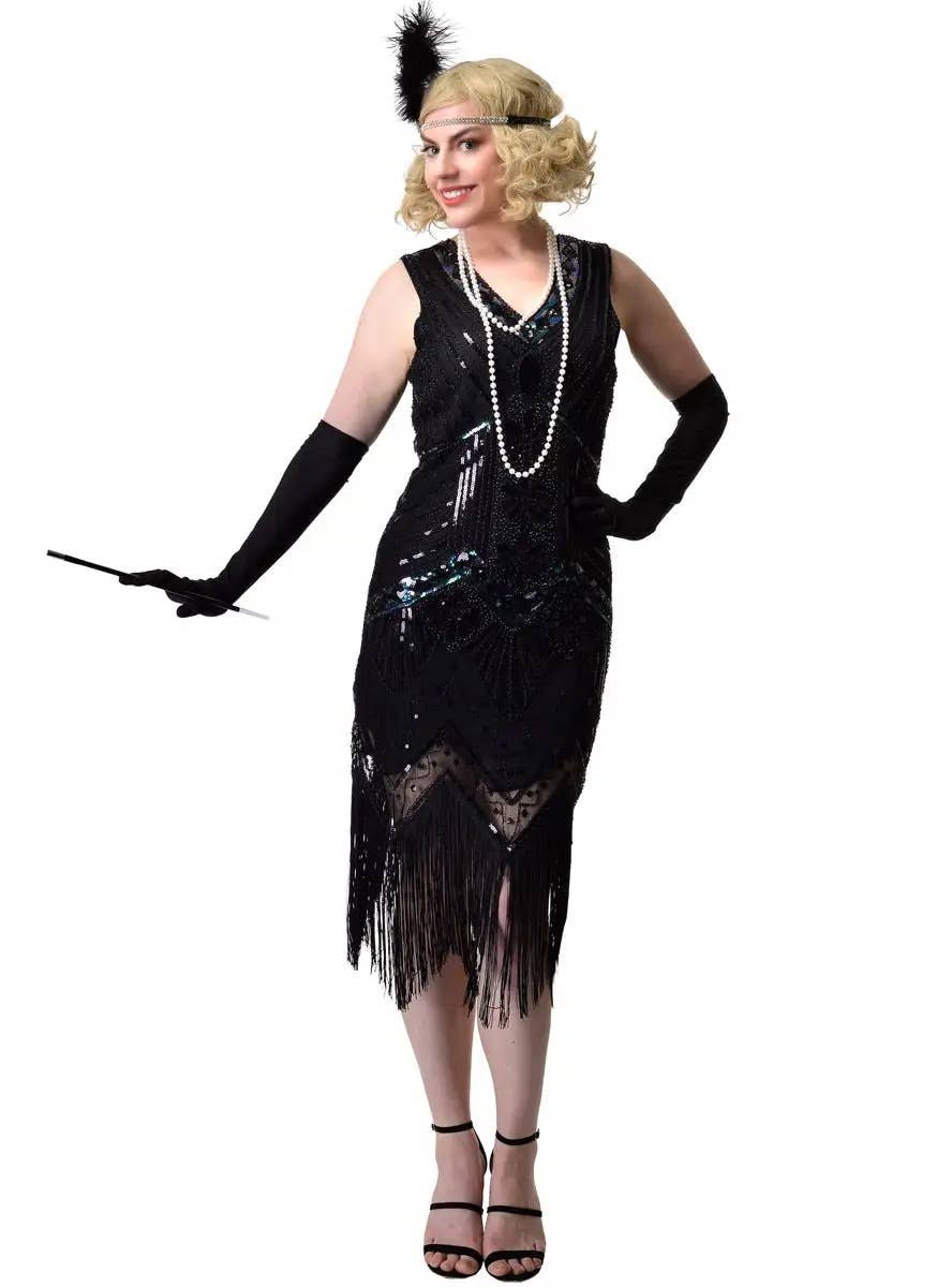 Image of Iridescent Black Sequin 1920's Gatsby Women's Costume - Front View