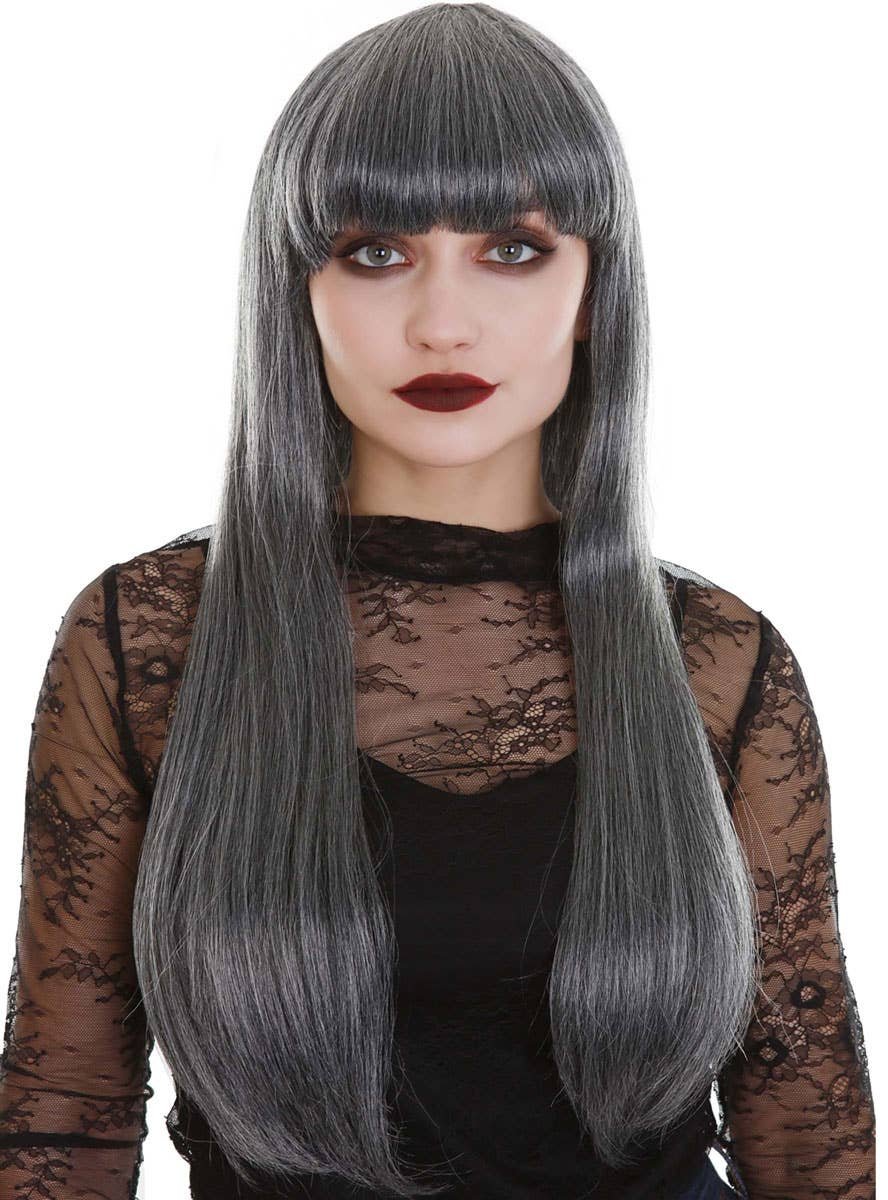 Image of Long Straight Grey Women's Costume Wig with Fringe