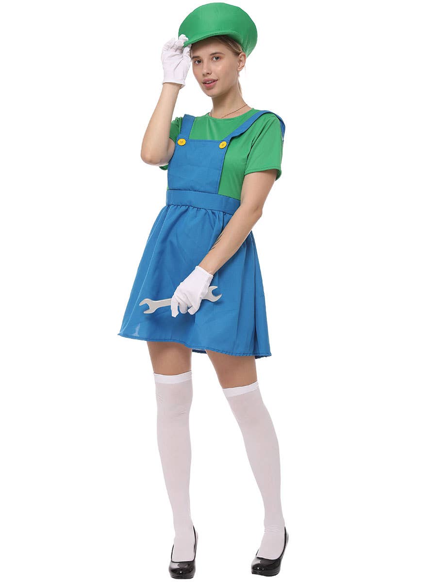 Image of Plumber Women's Green Gaming Character Costume - Alternate Image