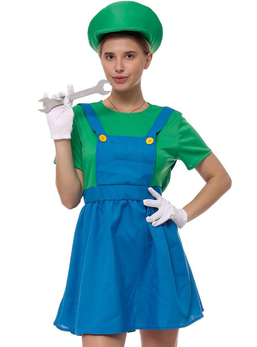 Image of Plumber Women's Green Gaming Character Costume - Close Image