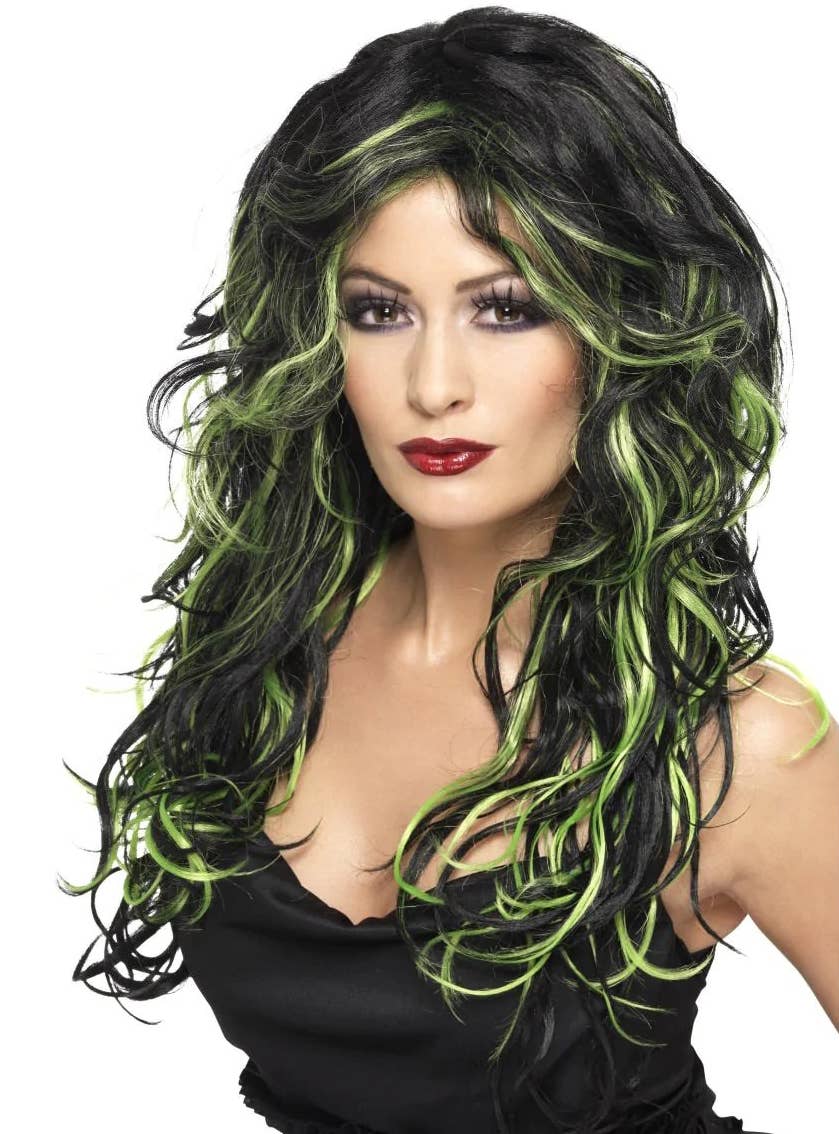 Woman Wearing Long Black Curly Costume Wig with Green Streaks