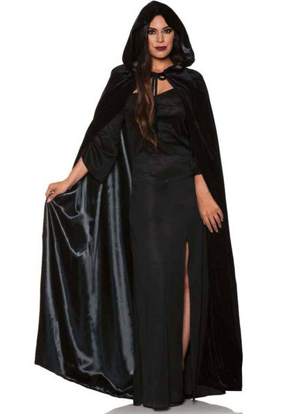 Image of Hooded Black Satin Lined Womens Halloween Costume Cape