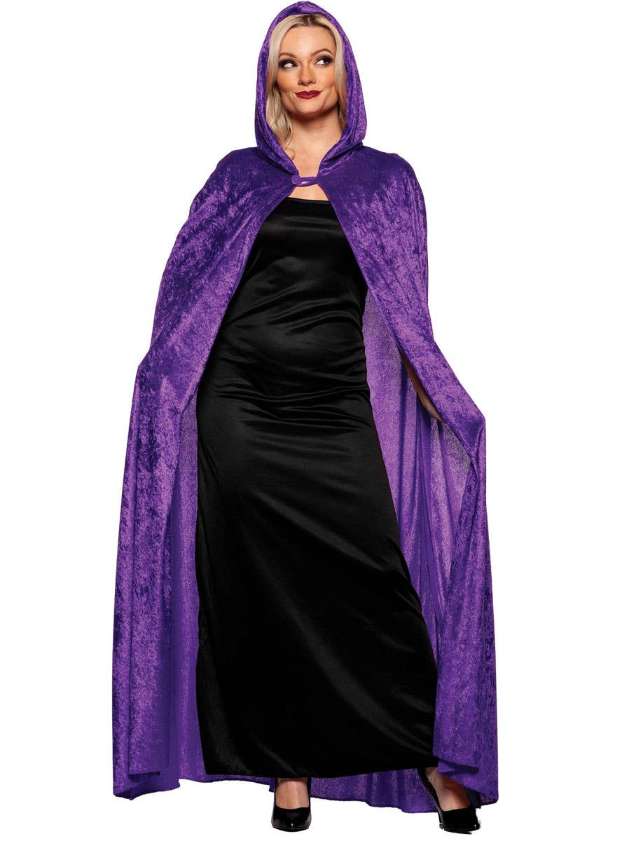 Image of Long Hooded Purple Velvet Womens Costume Cape