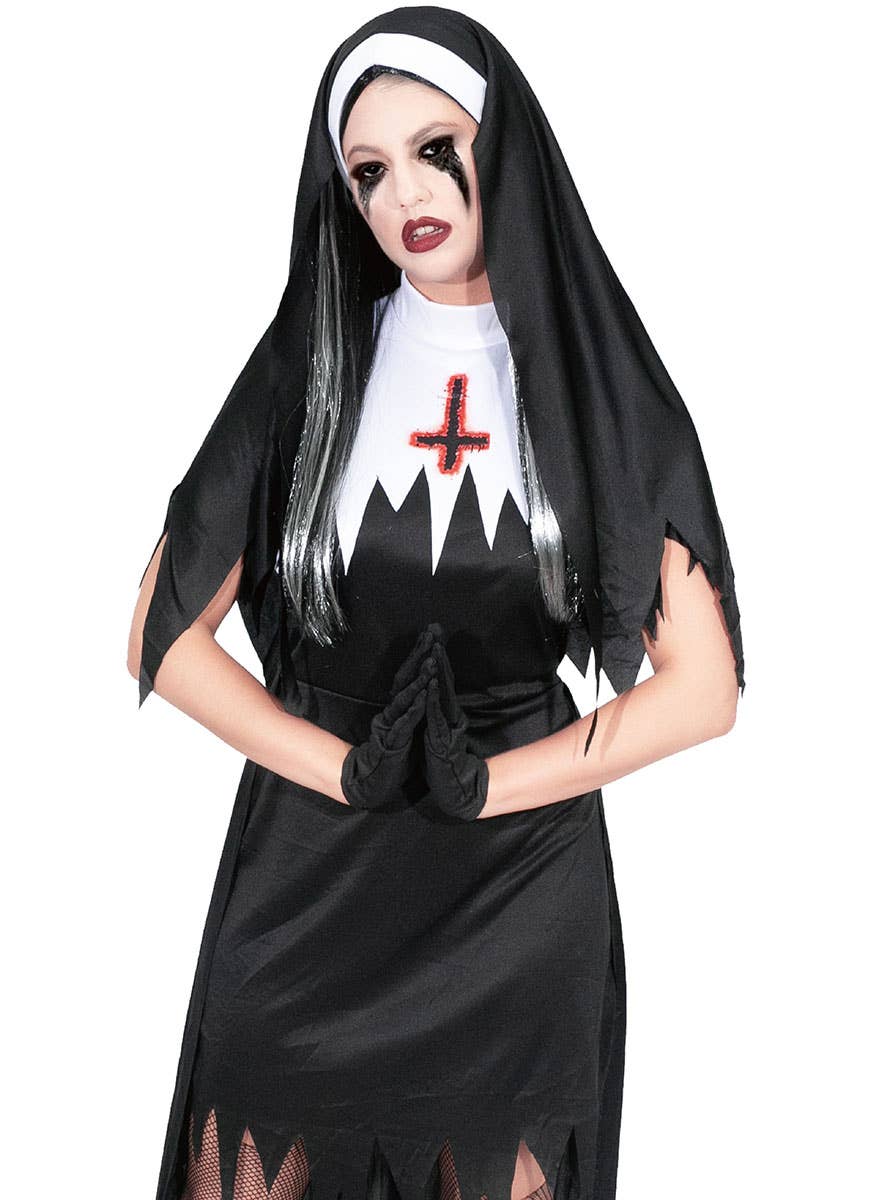 Black and White Halloween Nun Costume for Women - Close Image