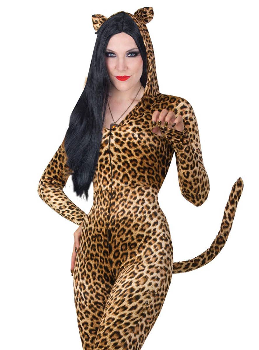 Image of Leopard Print Catsuit Women's Costume - Close Up Image