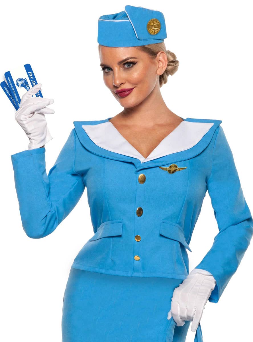 Image of Pan Am Airways Blue Stewardess Womens Costume - Close Image