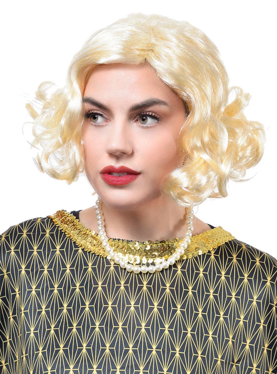 Image of Short Blonde Women's Flapper Costume Wig with Headband - Alternate Image