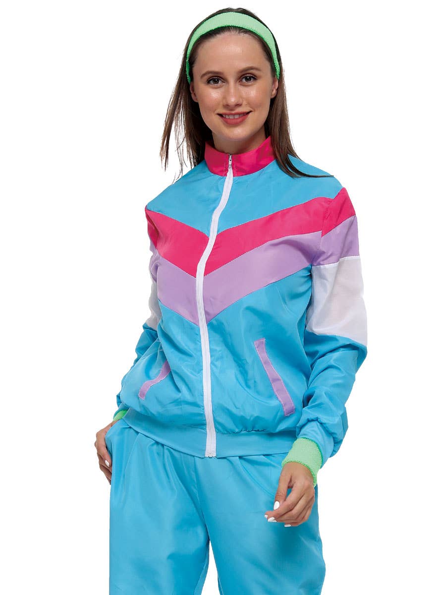 Image of Bodacious Blue 1980s Women's Shell Suit Costume - Close Image