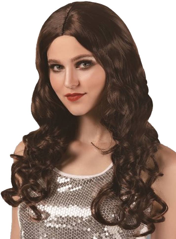 Image of Long Curly Brown Centre Part Women's Costume Wig