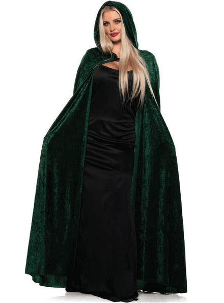 Image of Long Hooded Dark Green Velvet Womens Costume Cape