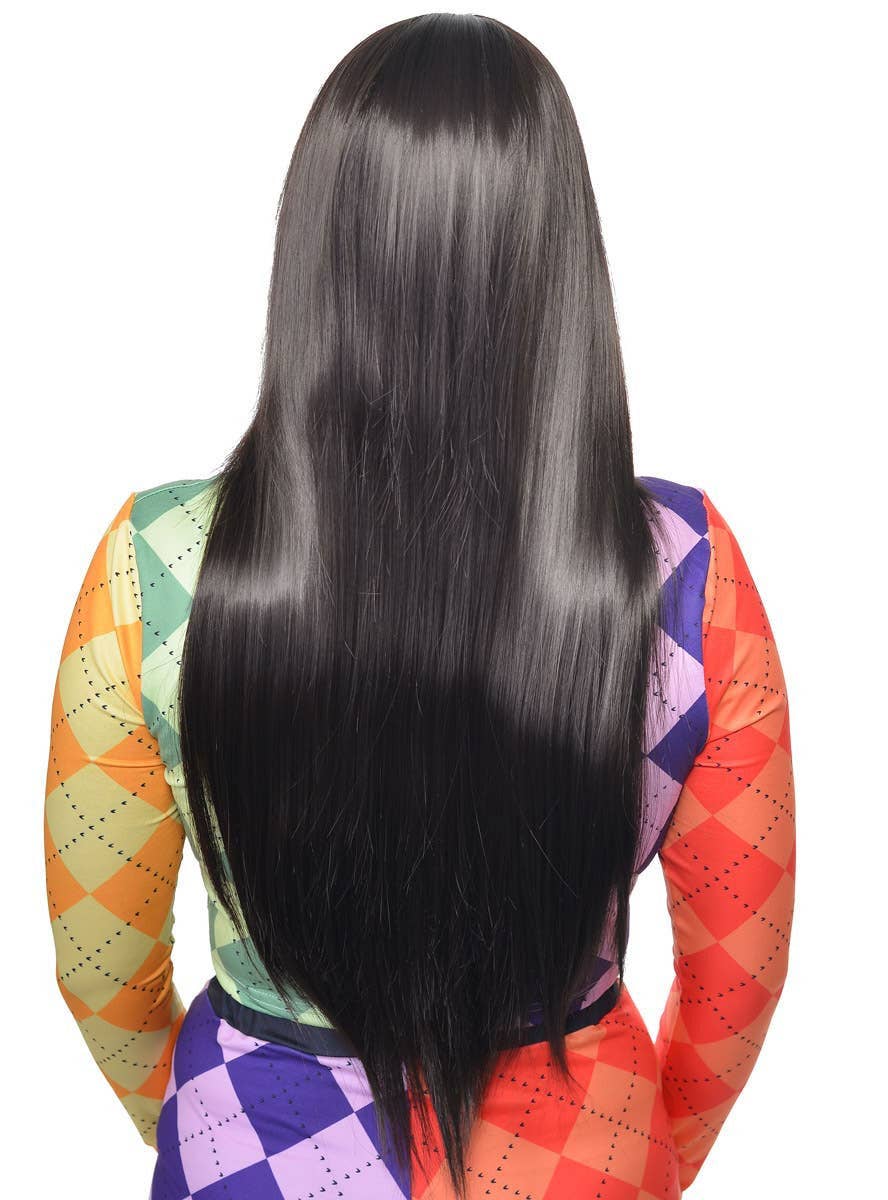 Image of Sleek Long Straight Near Black Women's Costume Wig with Skin Part - Back Image