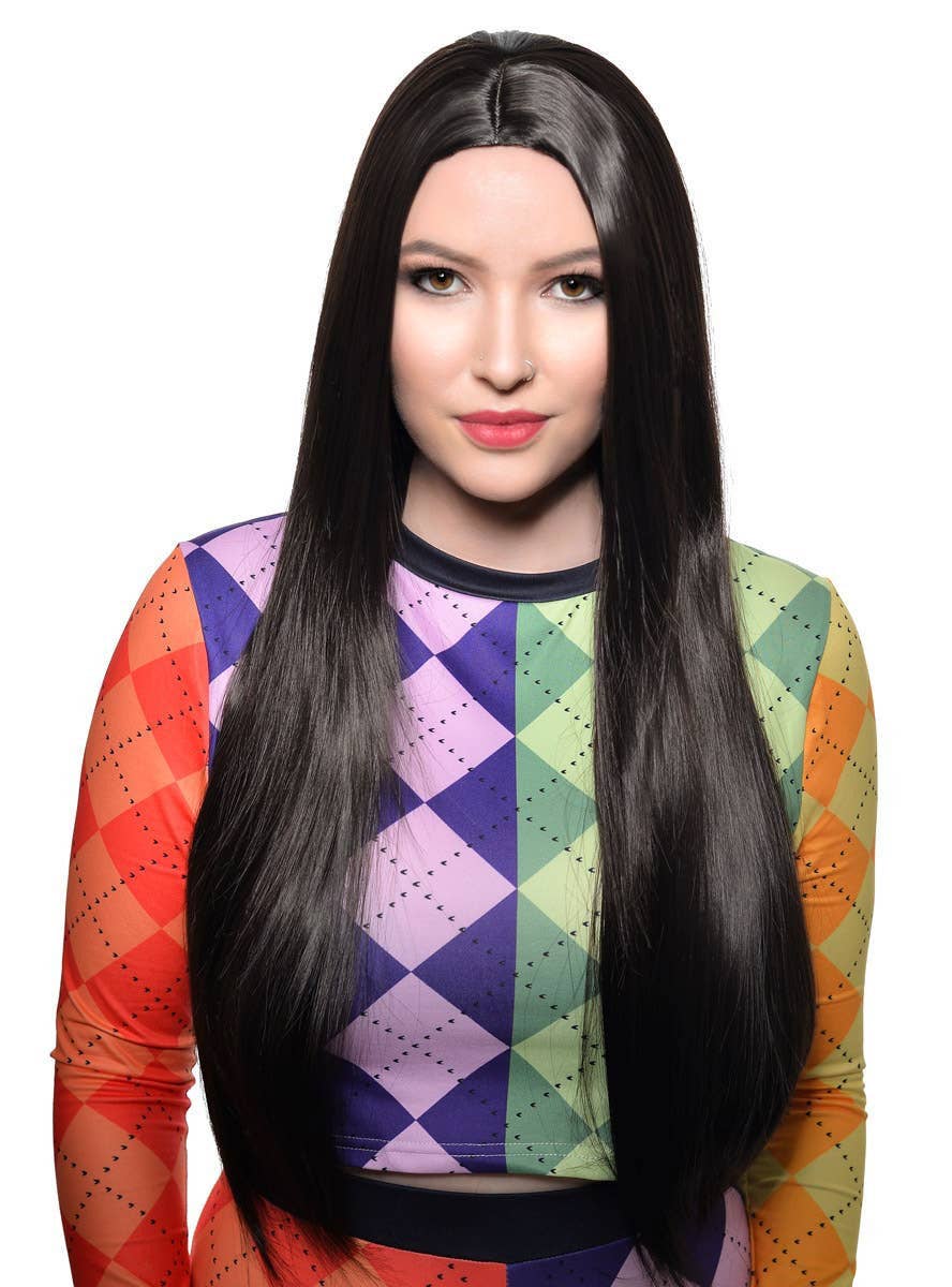 Image of Sleek Long Straight Near Black Women's Costume Wig with Skin Part - Front Image