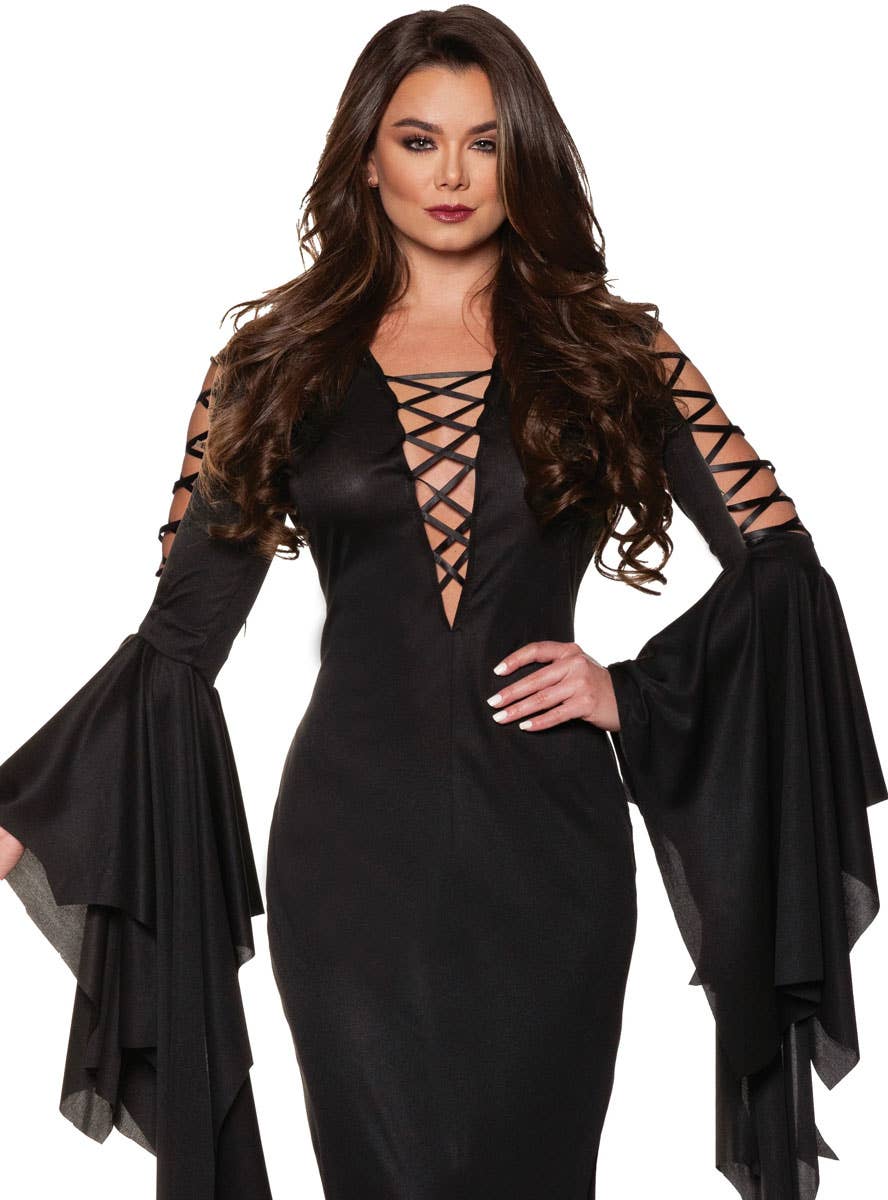 Image of Long Black Sexy Morticia Addams Womens Halloween Costume - Close Image