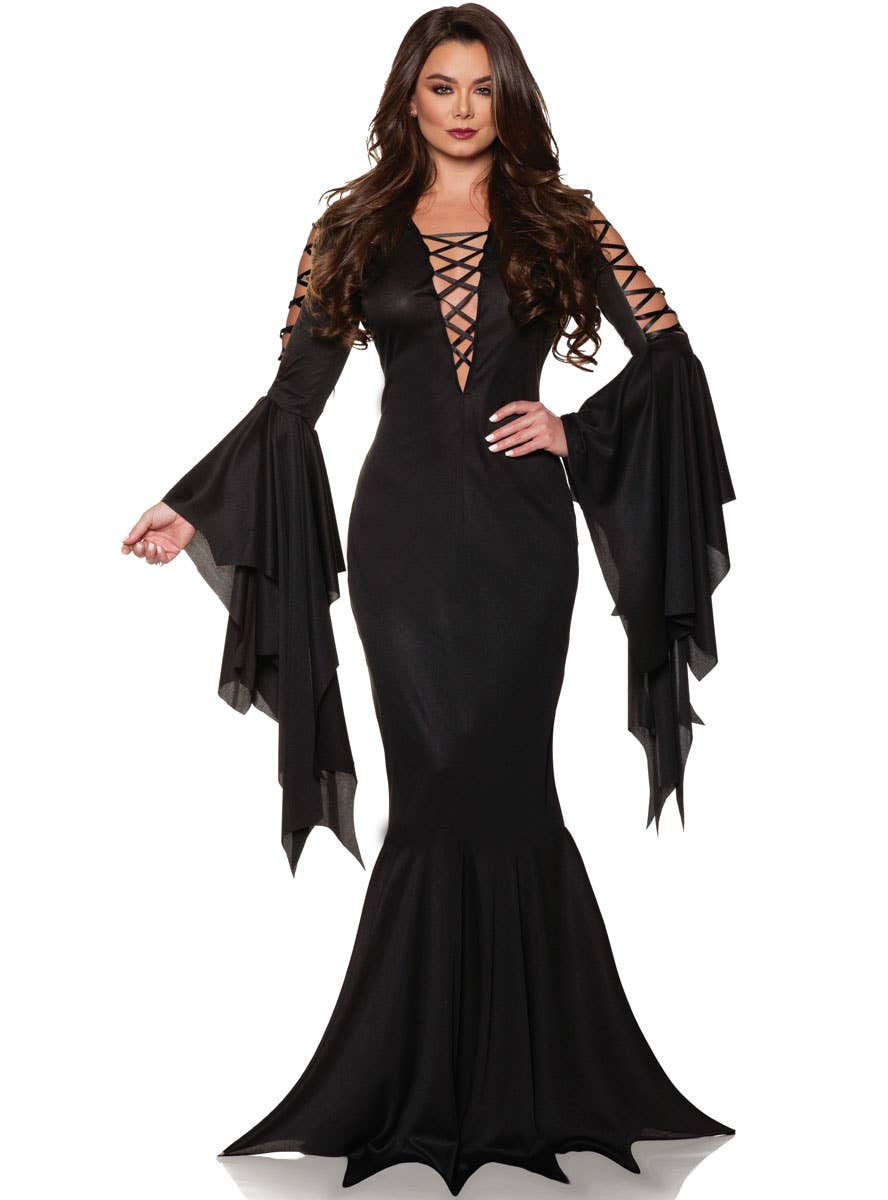 Image of Long Black Sexy Morticia Addams Womens Halloween Costume - Main Image