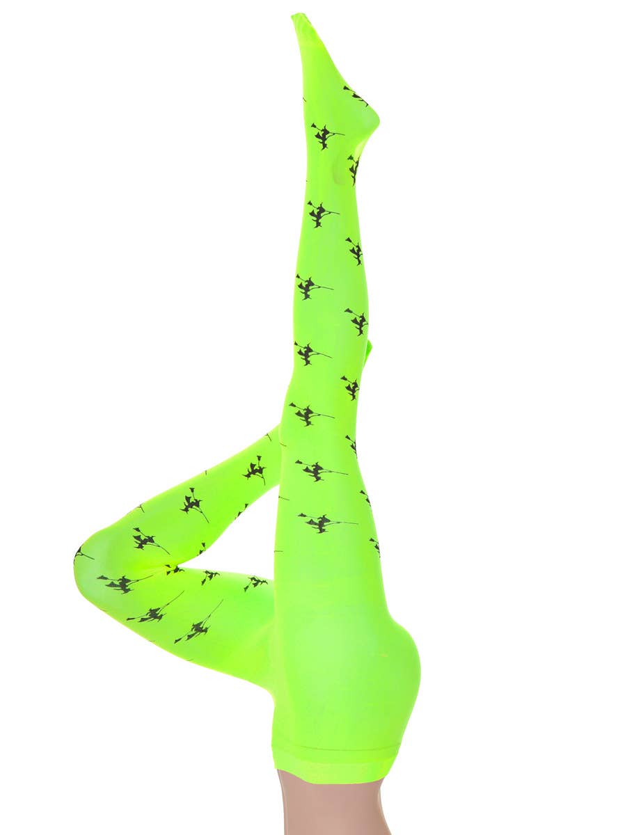 Image of Full Length Neon Green Stockings with Flying Witch Print - Main Image