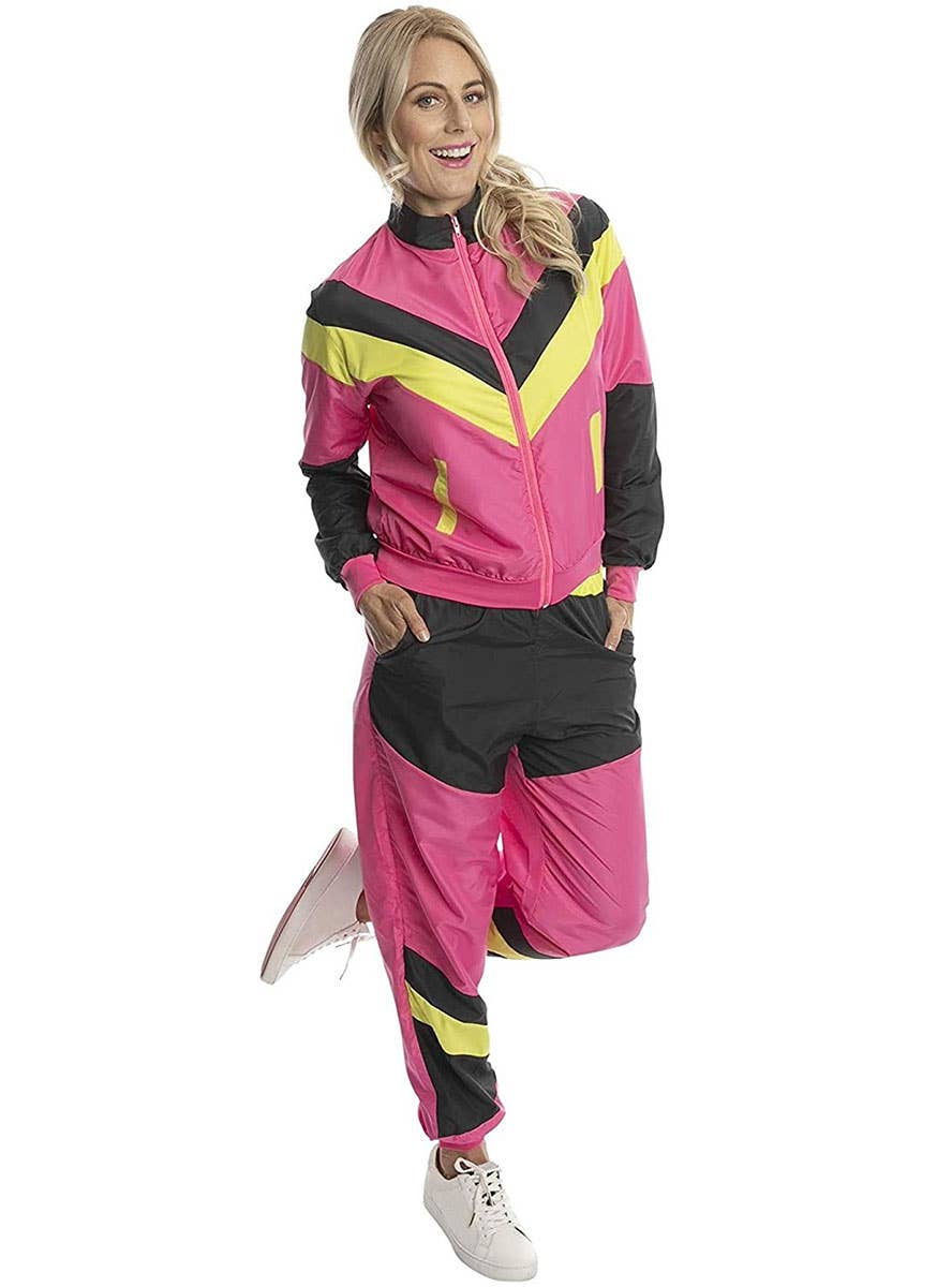 Image of 80s Pink and Black Tracksuit Women's Costume - Alternate Front Image 1