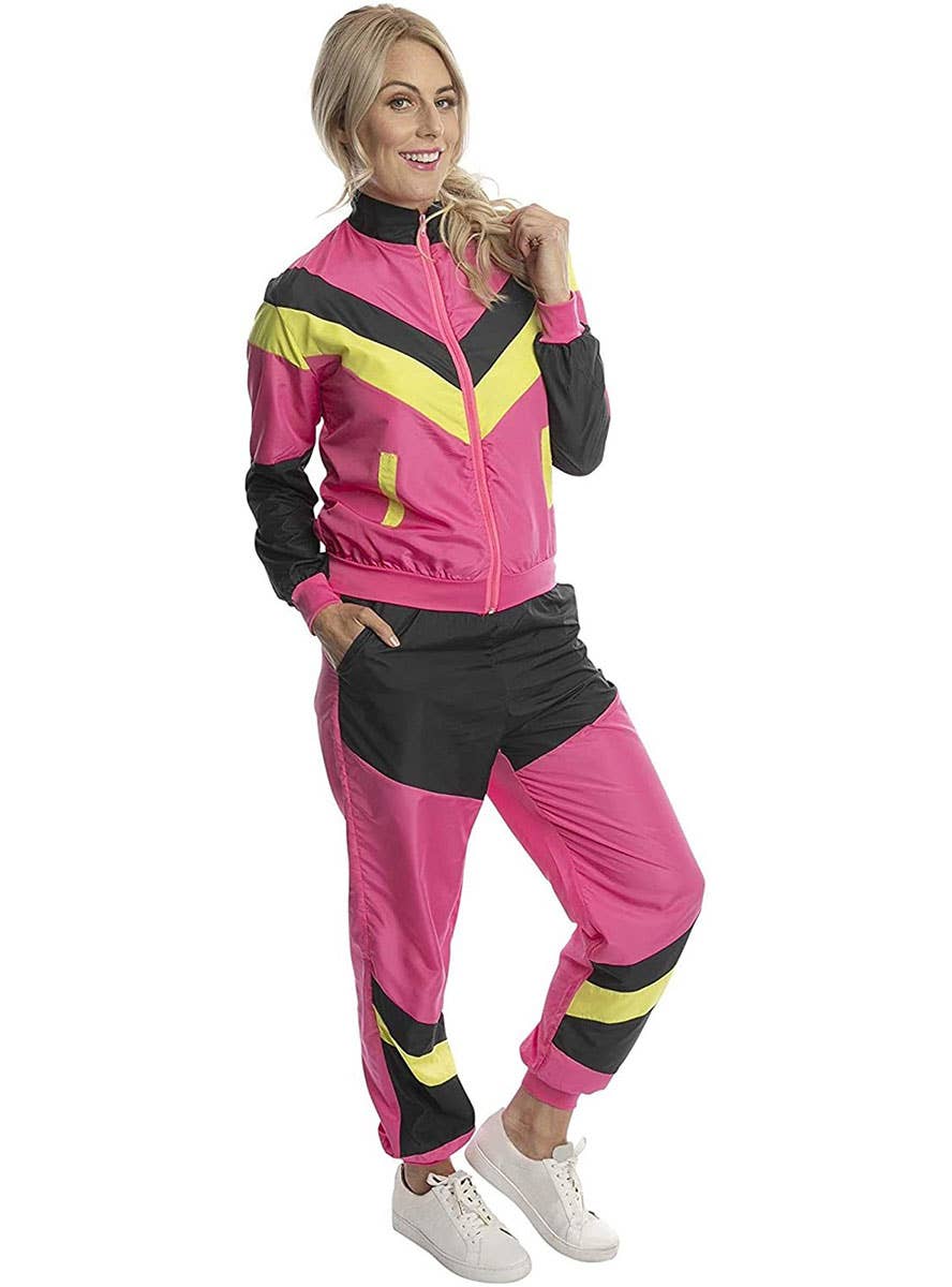Image of 80s Pink and Black Tracksuit Women's Costume - Alternate Front Image 2