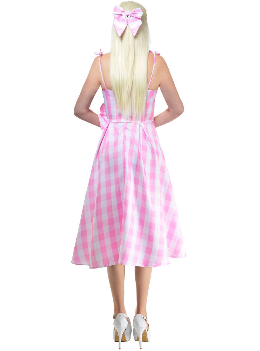 Image of Lace Up Womens Pink Gingham Barbie Costume - Back View