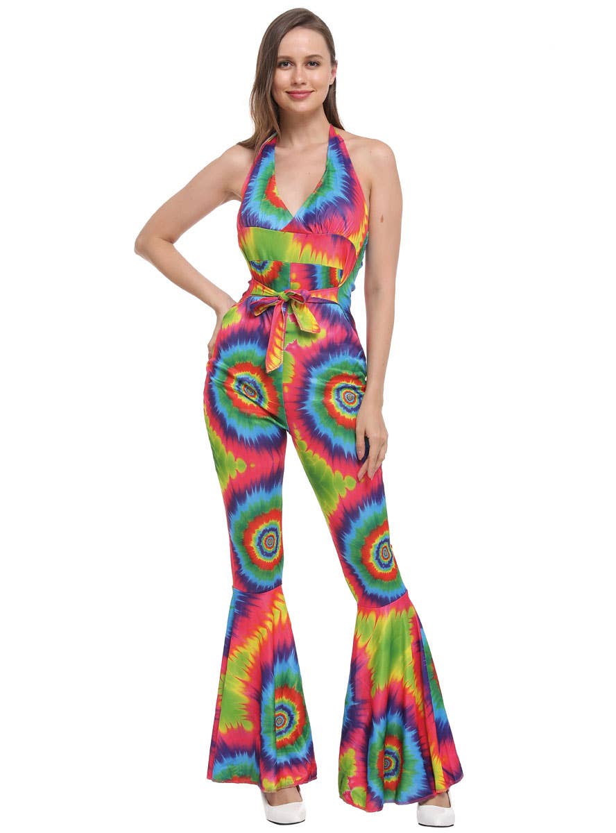 Rainbow Tie Dye Women's 1970s Costume Jumpsuit - Front View