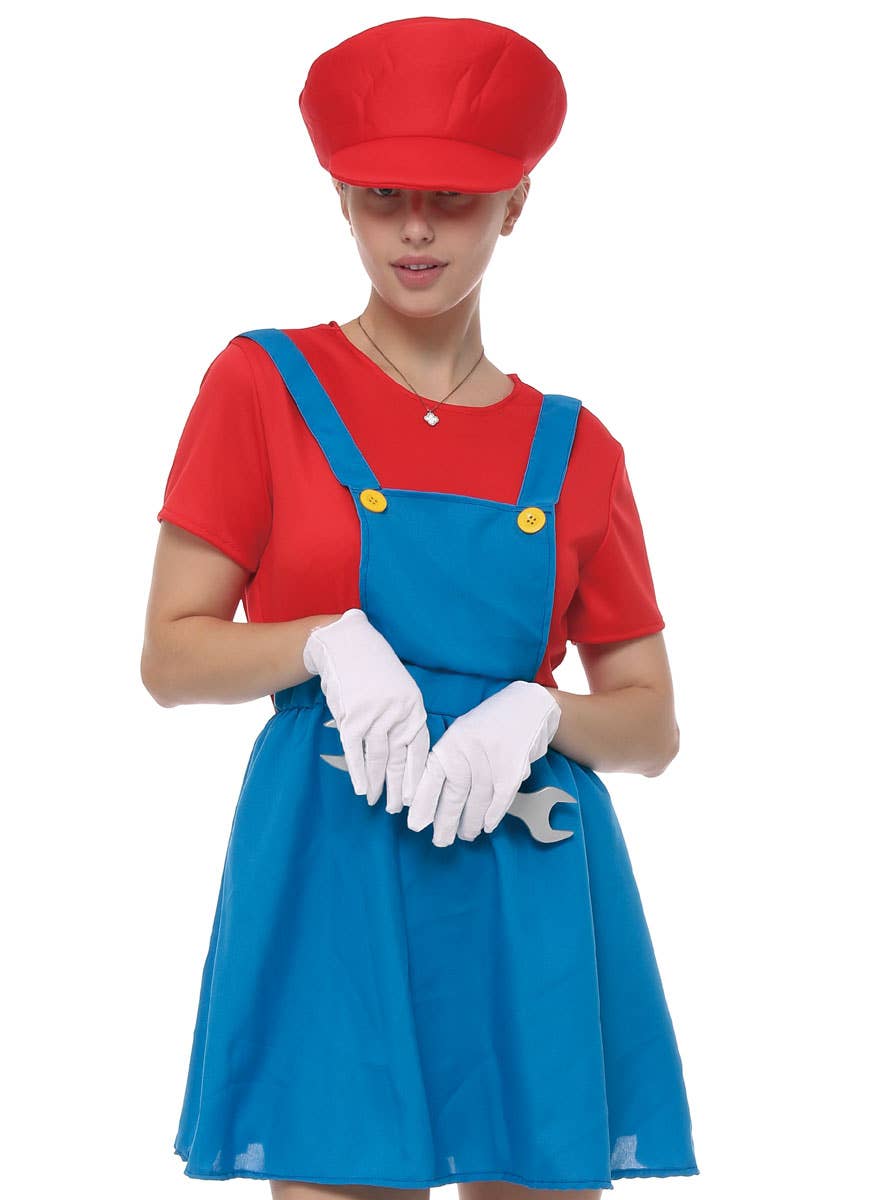 Image of Plumber Women's Red Gaming Character Costume - Close Image