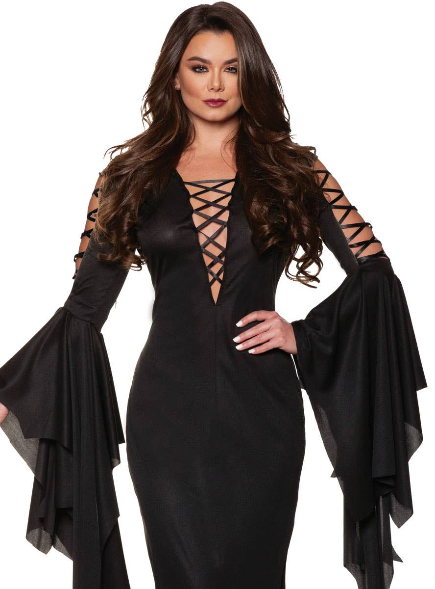 Image of Long Black Vampire Womens Halloween Costume - Close Image