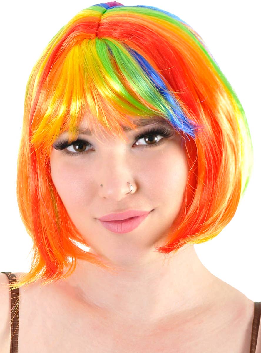 Image of Short Rainbow Streaked Women's Bob Costume Wig - Front View