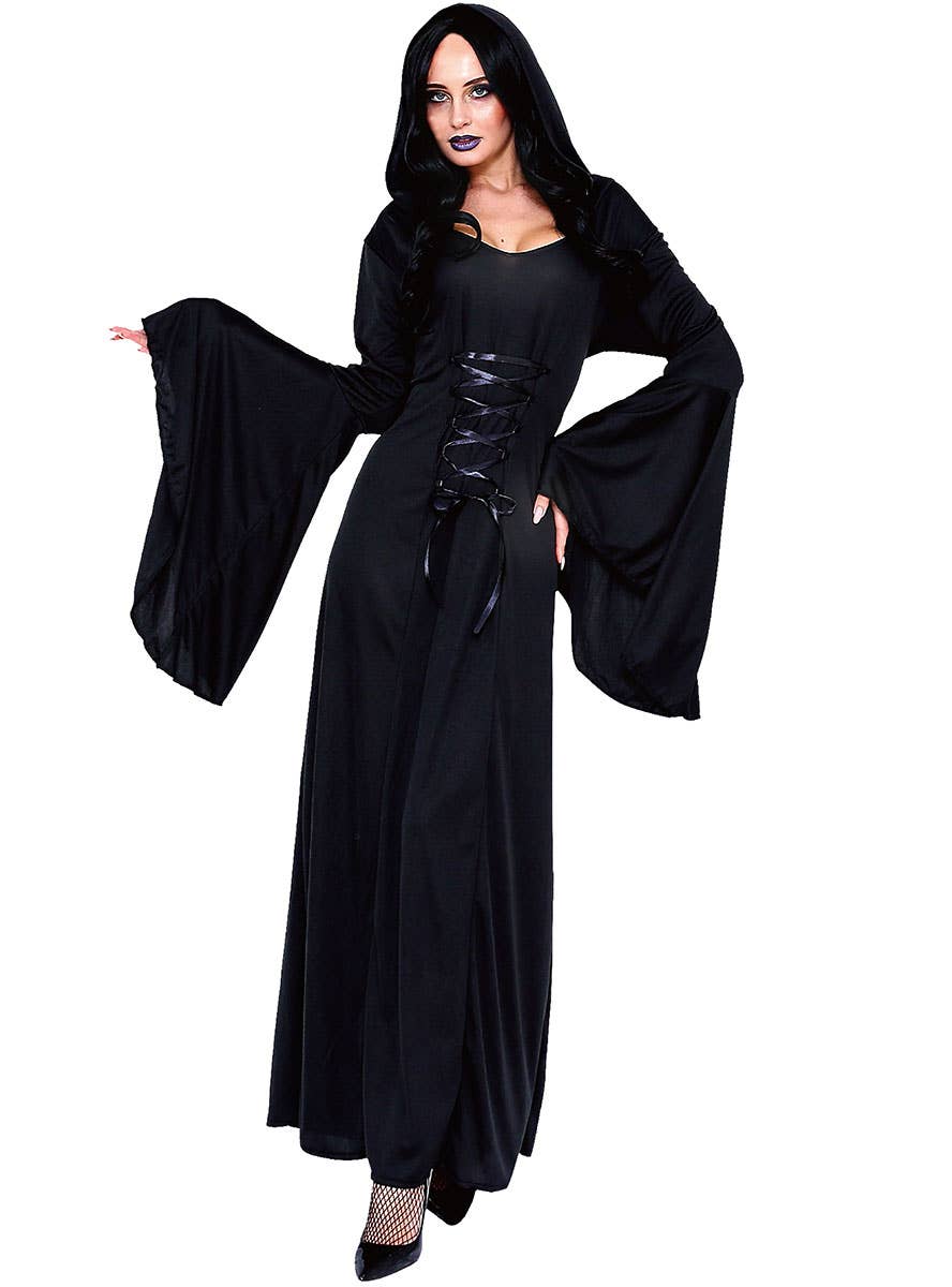 Long Black Medieval Sorceress Costume Dress for Women - Alternate Image