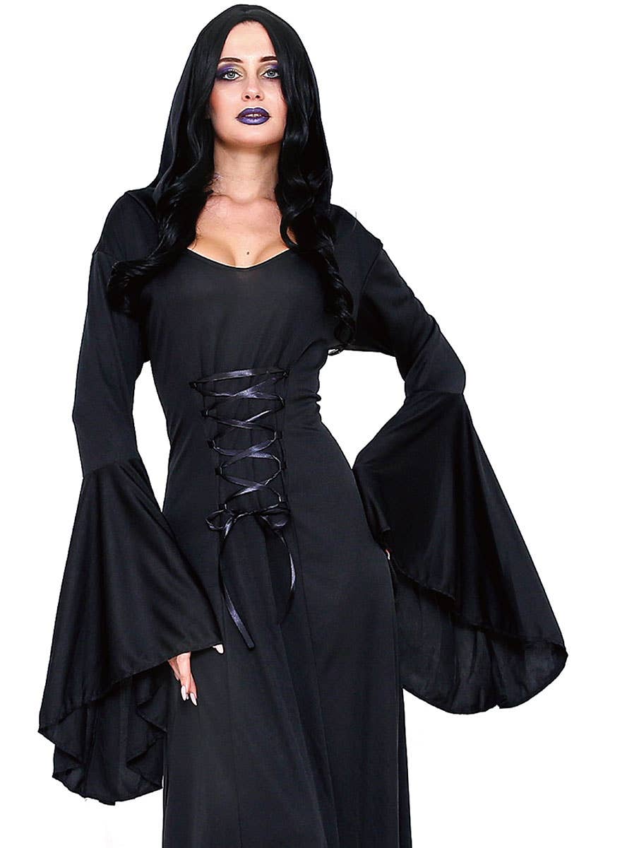 Long Black Medieval Sorceress Costume Dress for Women - Close Image