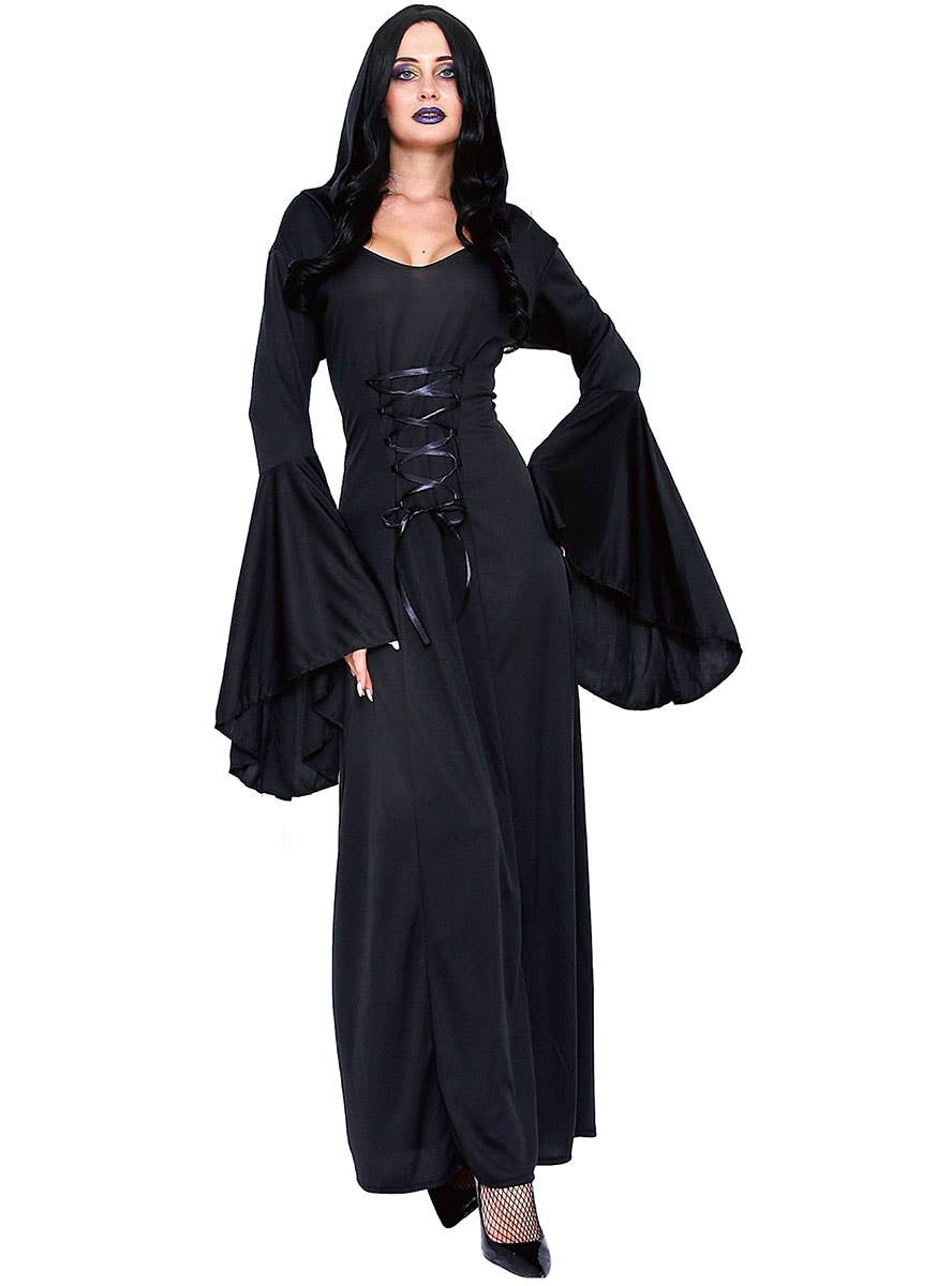 Long Black Medieval Sorceress Costume Dress for Women - Main Image