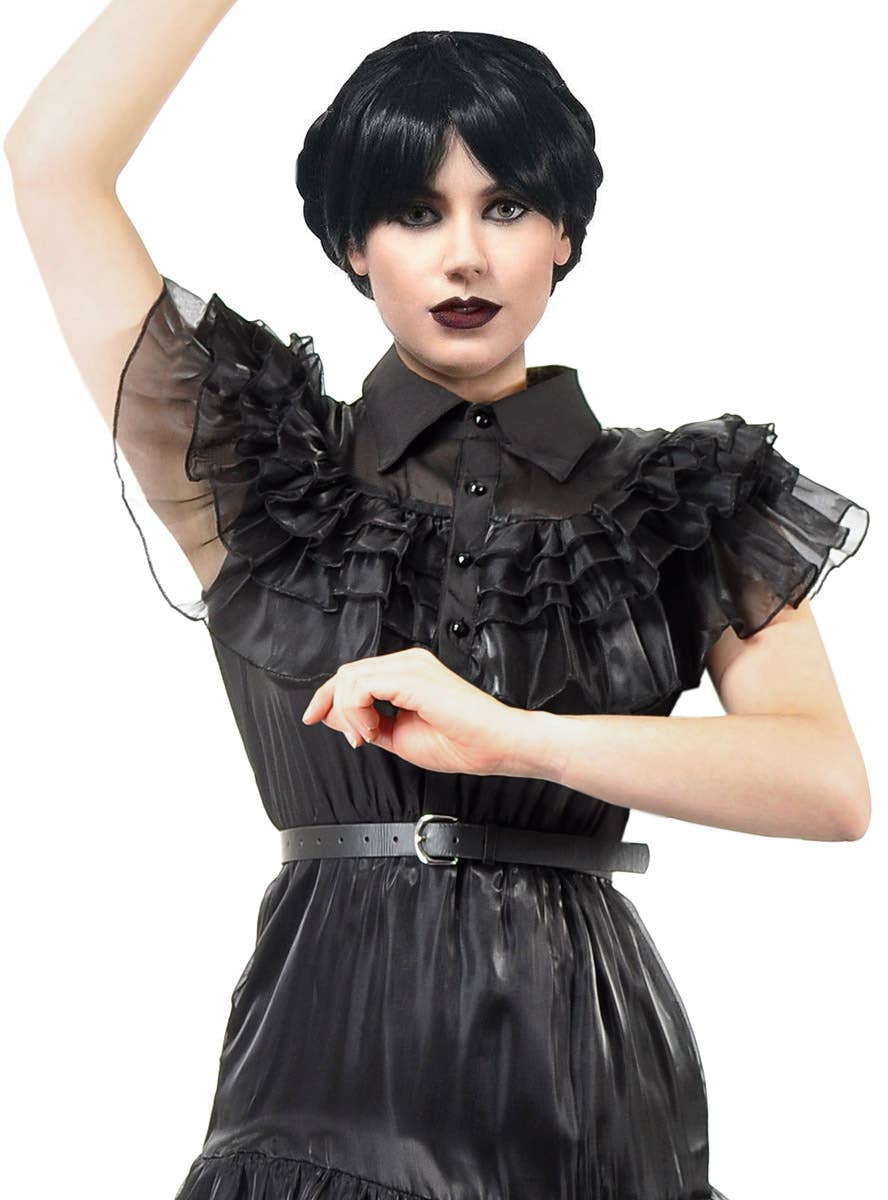 Image of Deluxe Women's Black Wednesday Party Dress Costume - Close Front View