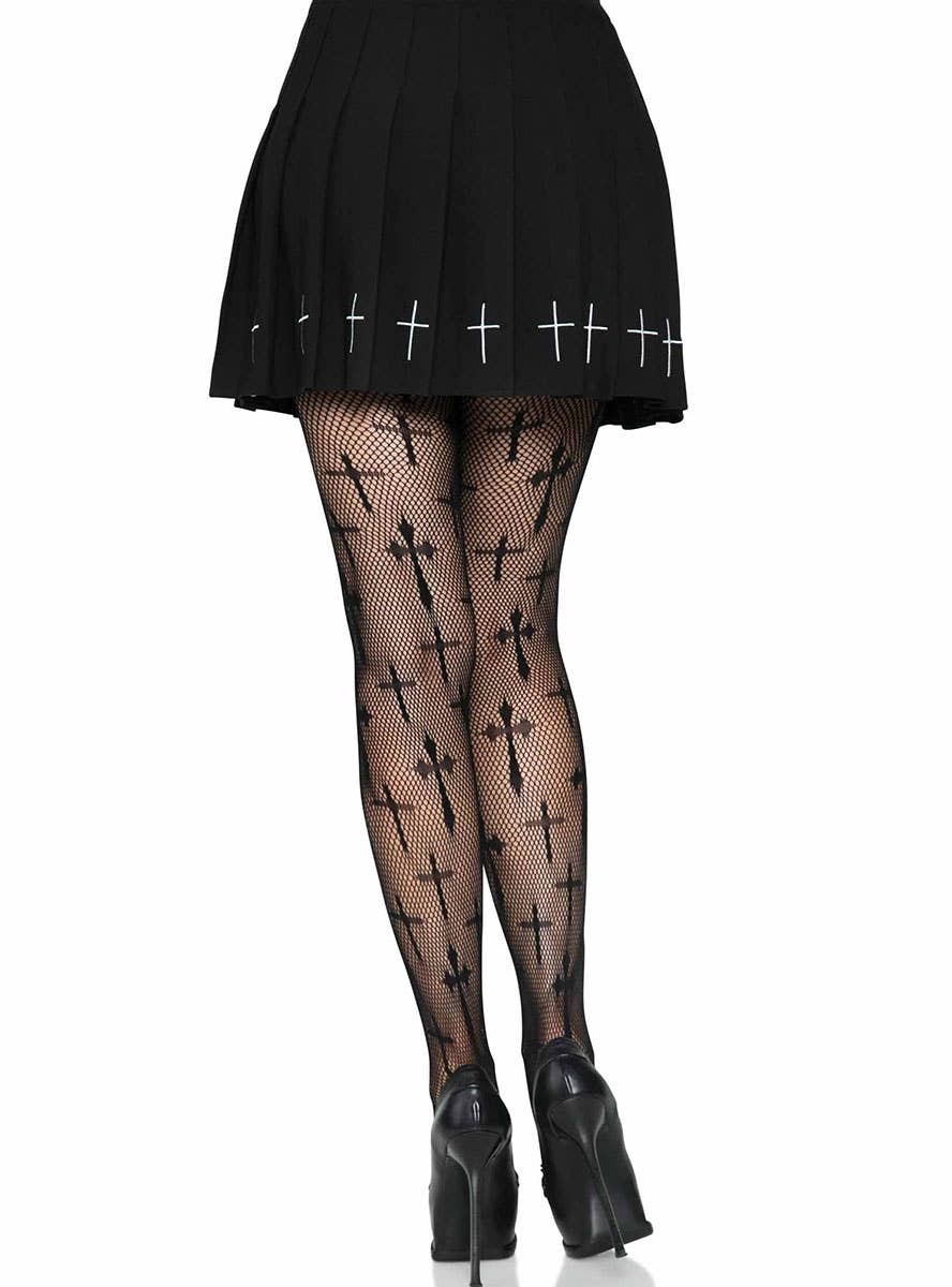 Image of Worship Me Cross Print Black Fishnet Stockings - Alternate Image  2