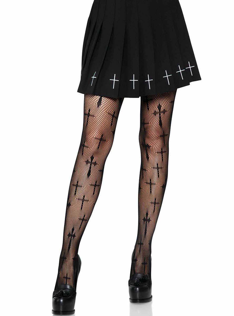 Image of Worship Me Cross Print Black Fishnet Stockings - Alternate Image  1