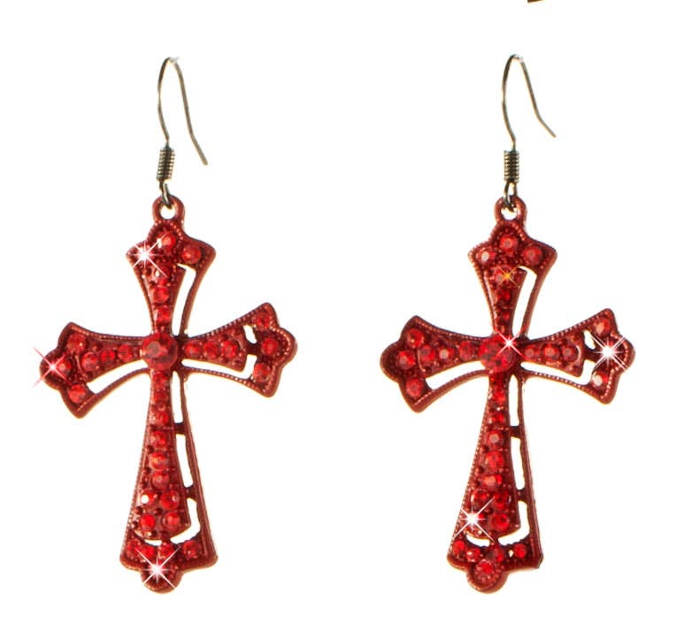 Women's Red Gothic Cross and Earrings Halloween Costume Jewellery Set  Earrings Close up Image