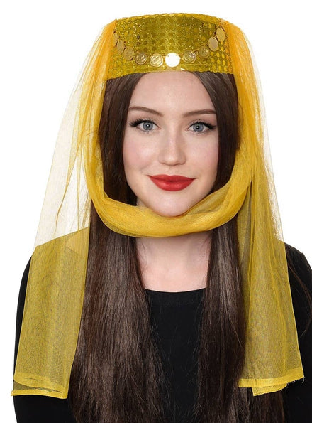 Image of Harem Women's Veiled Yellow Pill Box Costume Hat - Main Image