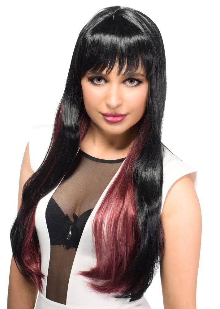 Image of Deluxe Long Black and Burgundy Women's Costume Wig - Front View